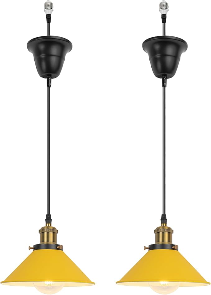 2 Pcs Ceiling Lights Conversion Pendant E26 Base Connections Adjusted Wire Length Cone Metal Yellow Lampshade Industrial Style Conversion Kit for E26 Ceiling Lamp Fixtures
