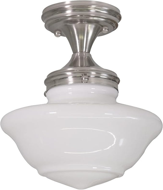 Design House Vintage-Inspired Schoolhouse Semi-Flush Mount Ceiling Light, 9 in x 9 in x 10 in, Satin Nickel, White Glass Shade, 577494