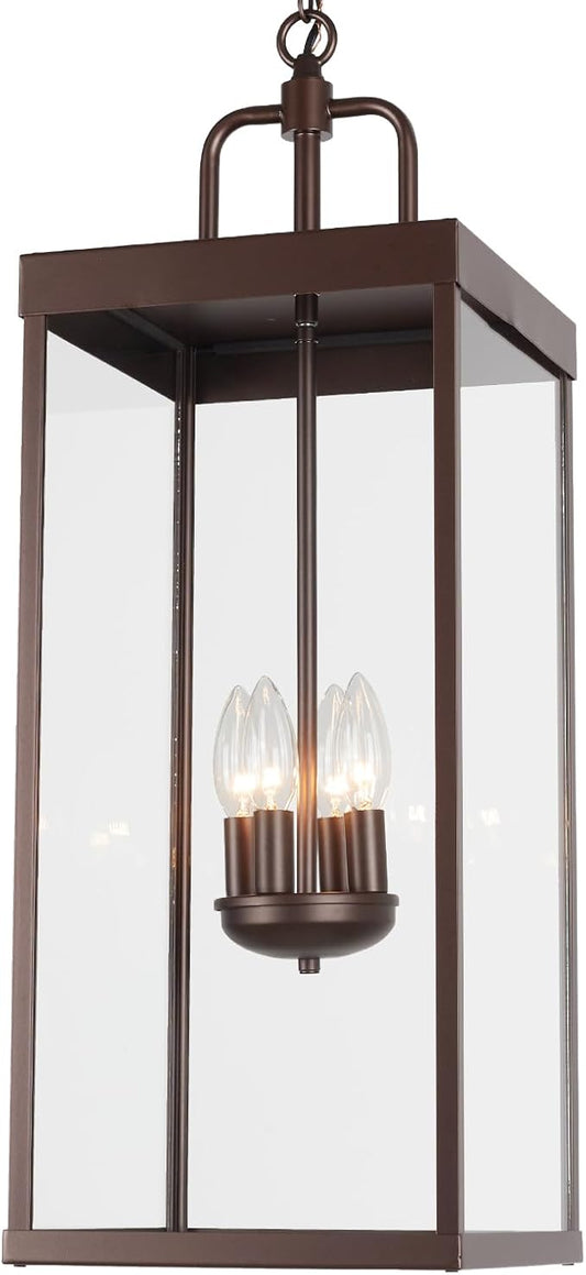 Large Outdoor Pendant Lantern Light Fixture for Front Porch, 28 Inch 4-Light Bronze Exterior Hanging Chandelier with Clear Glass, Outdoor Indoor Pendant Lamp for Patio, Gazebo, RZ008XL-H ORB