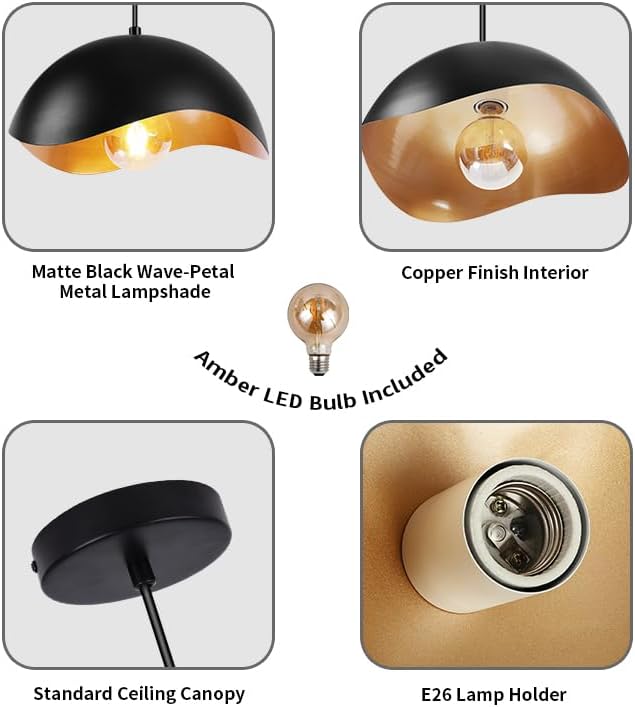 Modern Wave Pendant Light, 11" Black and Gold Dome Shade, LED Ceiling Light Fixture with Globe Bulb, Contemporary Hanging Light for Kitchen, Dining Room, Bedroom (2 Pack)