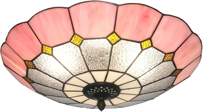 Tiffany Style Ceiling Light 16 Inch 3-Lights Vintage Pendent Stained Glass Flush Mount Ceiling Light Chandelier Lighting Fixtures for Bedroom Dining Room Living Room (Pink 16 Inch)
