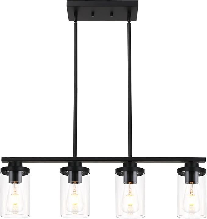 Kitchen Island Pendant Light,4-Light Dining Room Light Fixtures Over Table Vintage Black Flush Mount Ceiling Hanging Lighting with Glass Shade for Kitchen Island Dining Living Room