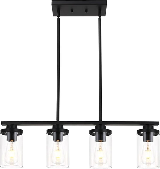 Kitchen Island Pendant Light,4-Light Dining Room Light Fixtures Over Table Vintage Black Flush Mount Ceiling Hanging Lighting with Glass Shade for Kitchen Island Dining Living Room