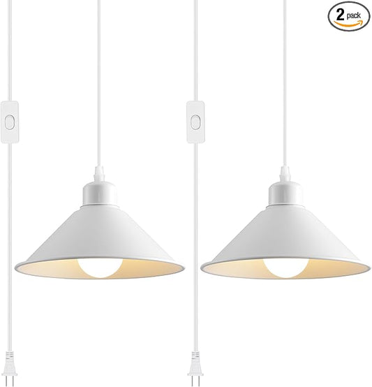 8.2IN Plug in Pendant Light, 2 Pack Industrial Hanging Lamp White Vintage Pendant Lighting Fixtures with 15ft Cord On/Off Switch for Kitchen Island Dinning