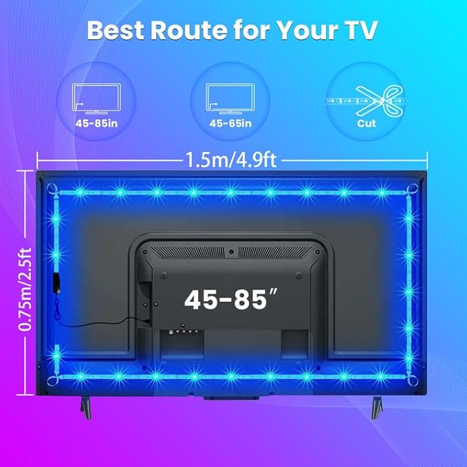 VOLIVO LED Lights for TV, 16.4FT Led Backlight for 45-85 inch TVs, Bluetooth RGB LED Lights Behind Television with Remote, USB Powered, Color Changing, Music Sync, for Gaming Room,Desk,Under Table