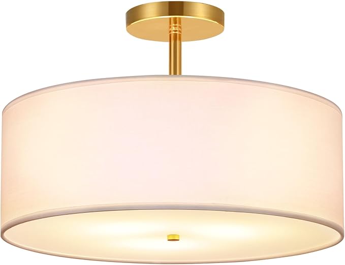 FRIDEKO HOME 3-Light Semi Flush Mount Ceiling Light Fixture, 15.74" Gold Drum Light, Modern Close to Ceiling Light with White Fabric Shade Lamps for Bedroom Living Room Kitchen Hallway Entryway Foyer