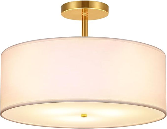 FRIDEKO HOME 3-Light Semi Flush Mount Ceiling Light Fixture, 15.74" Gold Drum Light, Modern Close to Ceiling Light with White Fabric Shade Lamps for Bedroom Living Room Kitchen Hallway Entryway Foyer