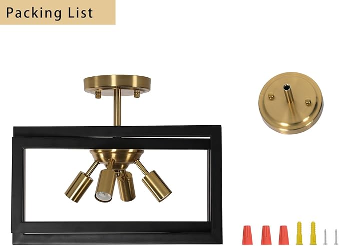 DELIPOP 4-Light Flush Mount Ceiling Light, Farmhouse Gold Square Metal Frame Light Fixtures Ceiling Chandelier for Kitchen, Dining Room, Entryway, Hallway, Island