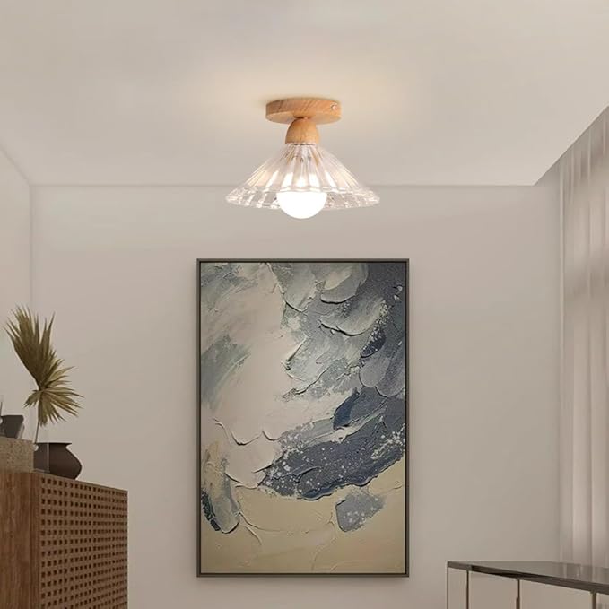 Schoolhouse Light Fixture Wood Ceiling Lamp, Semi Flush Mount Ceiling Light, 12'' Base, Balcony Solid Wood Hanging Light Farmhouse Bedroom Kitchen Hallway Glass Close to Ceiling Lights (C)