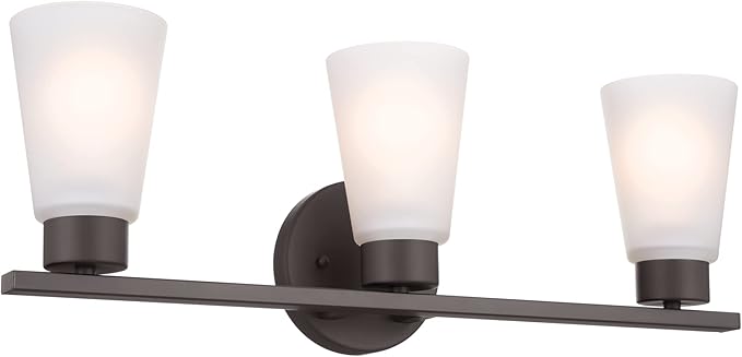Kichler Stamos 3-Light Bathroom Vanity Light Fixture with Satin Etched Glass Shades, 22 in Modern Wall Light in Olde Bronze for over Mirror (22 in x 5 in x 8 in), 45887NI