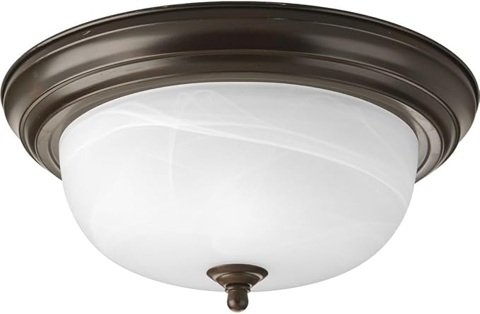 Progress Lighting 2-Light Ceiling Light, Flush Mount Ceiling Light Fixture for Interior Kitchen Lights, Hallway, Bedroom, Living Room, 13-1/4”, 5-7/8”, Antique Bronze, Alabaster Glass Shade