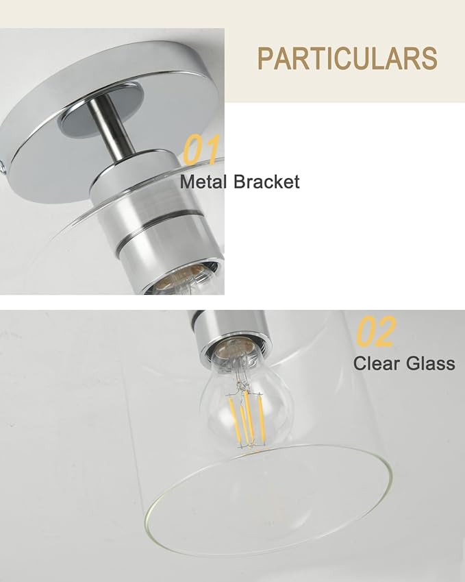 Chrome Semi Flush Mount Ceiling Light,Modern Farmhouse Ceiling Light Fixture for Closet Entryway,Hallway Light Fixture 5.9in Clear Glass Shade 2 Pack