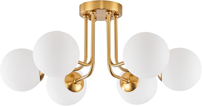 Modern Semi Flush Mount Ceiling Light,Gold White Glass Shade Semi Ceiling Light 6-Light,Sputnik Chandeliers for Bedroom Living Room Hallway Dining Room Lighting Fixture