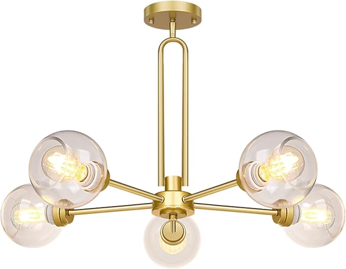 Globe Chandelier Pendant Lighting, Gold Modern Large Semi-Flush Ceiling Light Fixture with Clear Glass, 5-Light Sputnik Light Fixture Dining Room, for Kitchen Living Room Bedroom