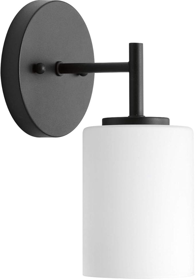 Progress Lighting Replay Collection 1 Light Bathroom Vanity Light, Modern Bath Lighting Fixture with Etched White Glass Shades for Over The Mirror, Reversible Mounting, Textured Black