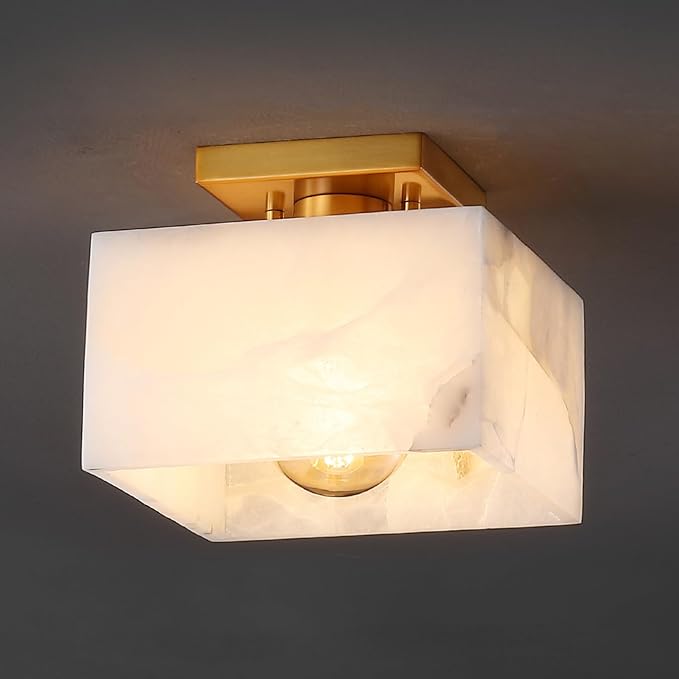 JONATHAN Y 8" White Marbling/Brass Gold Modern 1-Light Semi Flush Mount Ceiling Light for Bedroom, Cube White Alabaster Marble Shade, Mid-Century Minimalist Fixture, LED Bulb Included (JYL1203A)