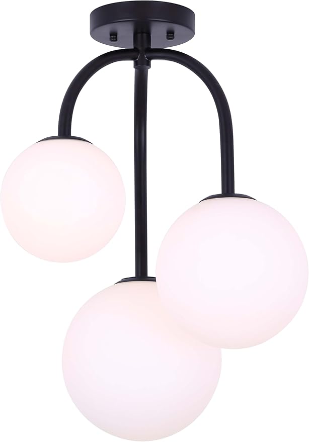 GILLA 3 Light Semi Flush Mount Ceiling Light Matte Black Finish with Flat Opal Glass Globes Damp Rated Modern Lighting for Bathroom or Bedroom