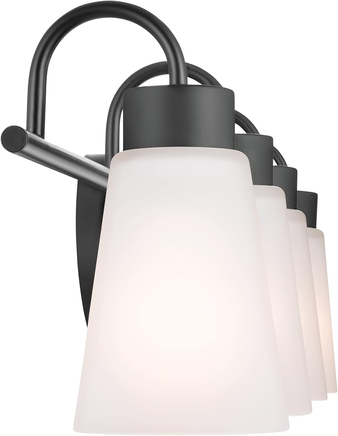 Kichler Erma 4-Light Bathroom Vanity Light Fixture with Satin Etched Glass Shades, Updated Traditional Wall Mount Lighting in Black for Mirror Above Vanity (32.5" x 8.5"), 55127BK