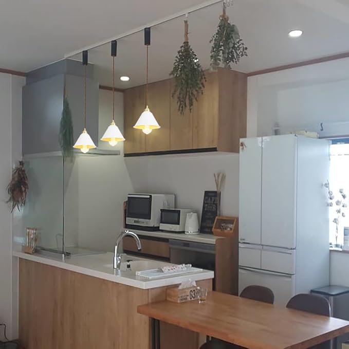 3.2 Ft Adjustable Cord H-Type Track Pendant Brass & White Shade Hanging Light Vintage Design for Kitchen Office Stairs Set of 3(No Bulb, Track)
