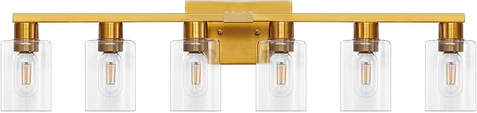 Gold 6 Light Bathroom Vanity Light Brush Gold Bathroom Light Fixtures Brass Vanity Lights for Bathrrom Large Wall Sconce with Clear Glass Shade E26 Socket