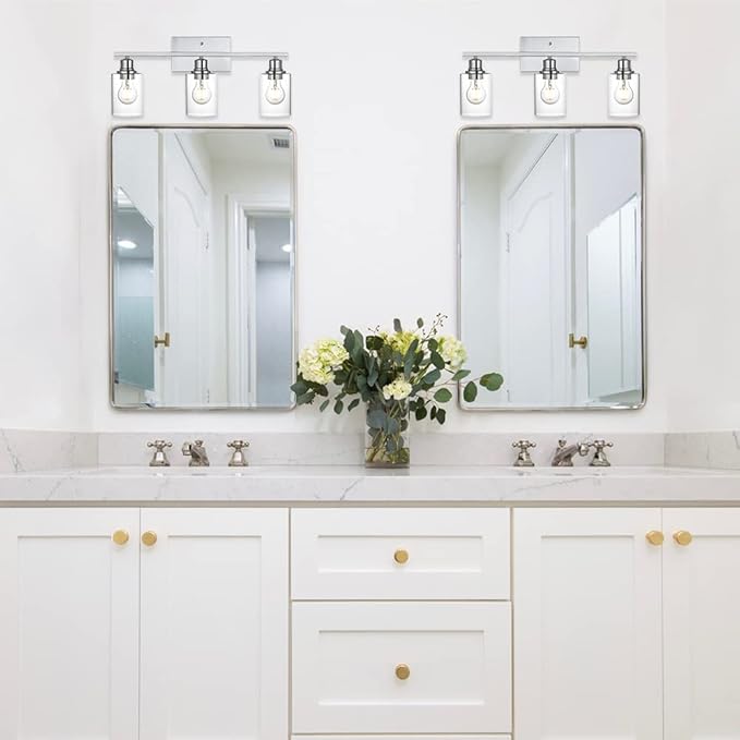 VINLUZ 3 Light Wall Light Fixture with Clear Glass Shade Classic Bathroom Vanity Lighting Fixture in Chrome Finish Metal Wall Mounted Lamp for Powder Room Hallway