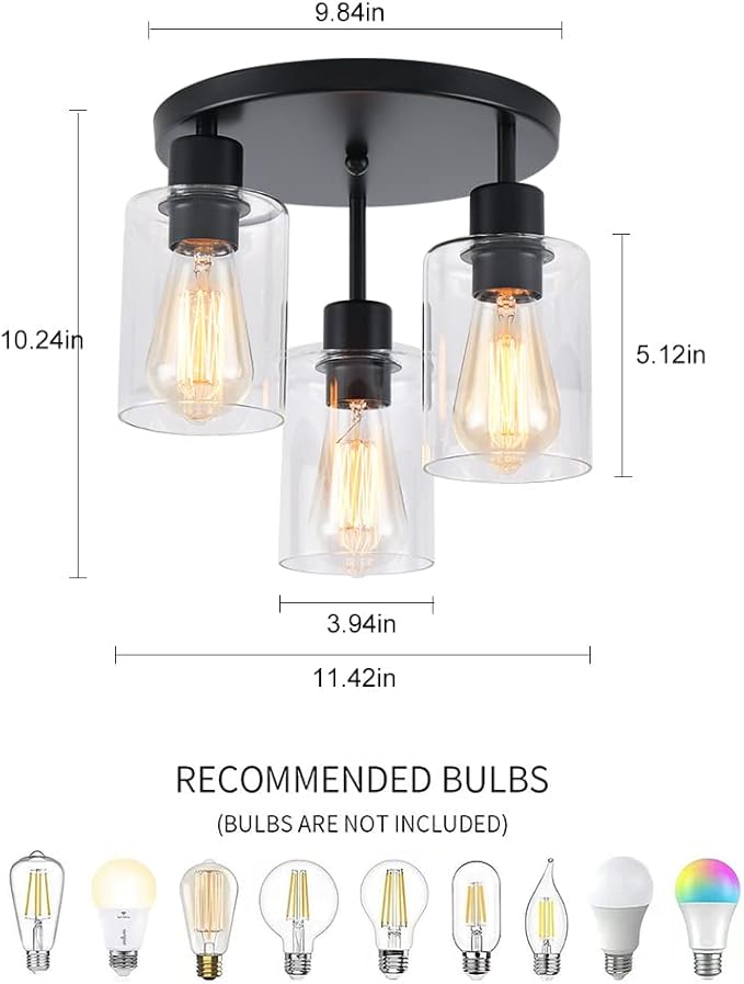 3-Light Industrial Farmhouse Black Matte Light Fixtures Ceiling Mount, with Clear Glass Shades Semi Flush Mount Ceiling Light, for Hallway Fixtures Kitchen, Foyer