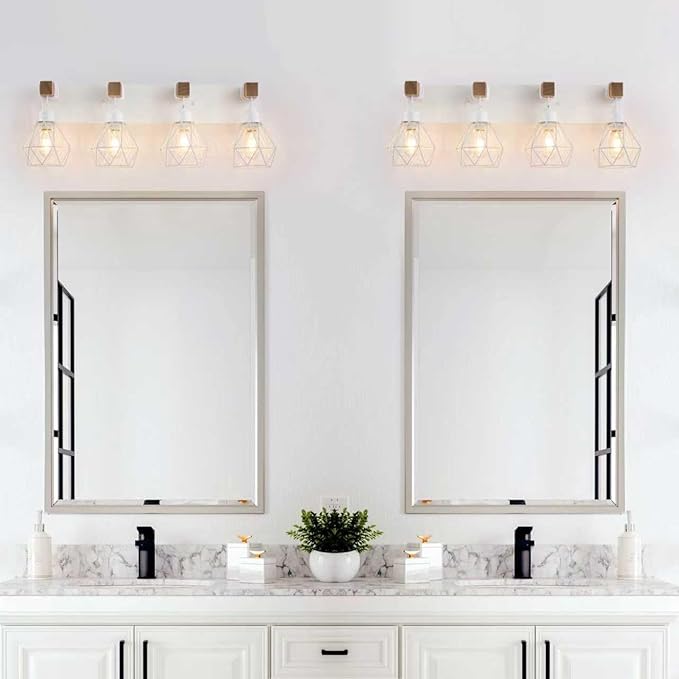White Bathroom Vanity Light Fixtures, 4-Light Wood Bathroom Light Fixtures Over Mirror, Rustic Sconces Wall Lighting with Elegant Metal Lampshade for Living Room, Bedroom, Hallway
