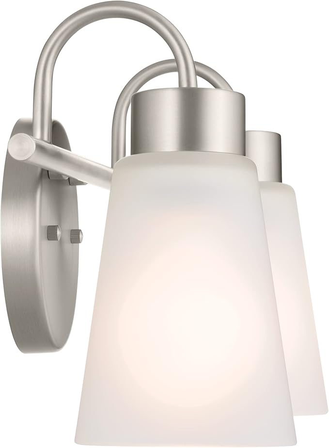 Kichler Erma 2-Light Bathroom Vanity Light Fixture with Satin Etched Glass, Brushed Nickel Wall Mount for Mirror Lighting, Up or Down Installation (13.5" x 8.5" x 6"), 55125NI