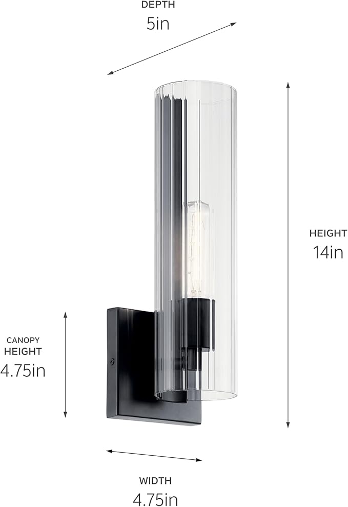 Kichler Jemsa 1 Light Wall Sconce, Modern Light with Clear Fluted Glass in Black for Bathroom, Powder Room, Sides of Fireplace, Down a Hallway, Kitchen, or Bedroom (14" x 4.75"), 55165BK
