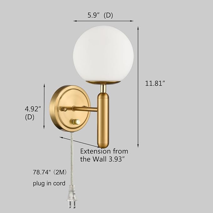 DIRYZON Modern Plug in Wall Light Dimmable Wall Sconces Set of 2 with Switch Brass Wall Sconce for Bedroom Bathroom,Opal Globe Glass