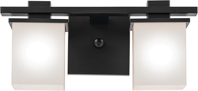 Kichler Tully 15" 2-Light Bathroom Vanity Light Fixture with Satin Etched Cased Opal Glass in Black for Over Mirror, Soft Modern Style Lighting (15" x 6.5" x 7"), 45150BK