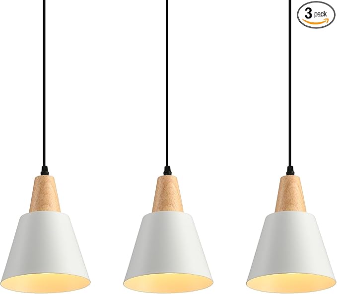 2 Pack Pendant Lights, White Pendant Lights Kitchen Island,Wood Dome Minimalist Industrial Ceiling Hanging Lights for Kitchen Island, Barn, Dining Room, Living Room, Bedroom