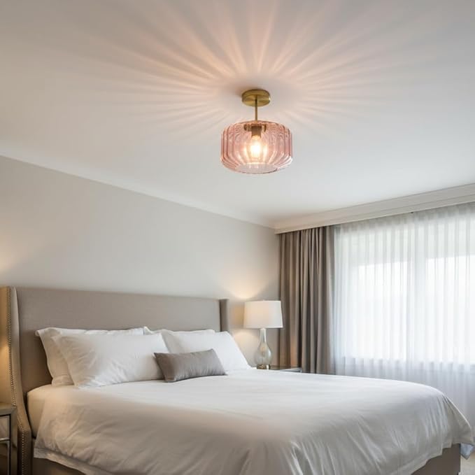 Modern Semi-Flush Mount Light Fixture Blush Pink Ceiling Lamp with Brushed Gold Base, Bedroom Light Fixture for Girls Bedroom, Nursery, Master Suite Hallway