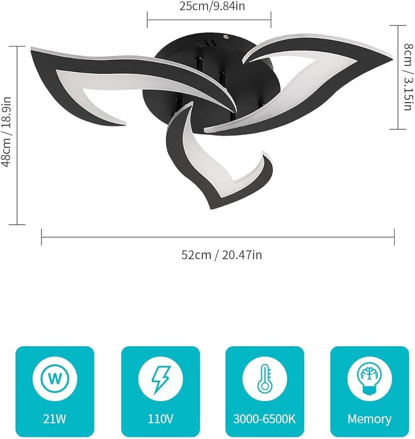 Goeco Modern Ceiling Light, Dimmable Black Acrylic Ceiling Light with Remote Control (3000K-6500K), 3-Head Flower Shape LED Ceiling Lamp for Living Room, Bedroom, Dining Room, Kitchen