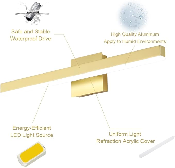 Aipsun Gold Bathroom Light Fixtures Modern LED Vanity Lights Over Mirror 24inch Vanity Lighting Adjustable Gold Wall Light for Bathroom （Cold White 6000K）