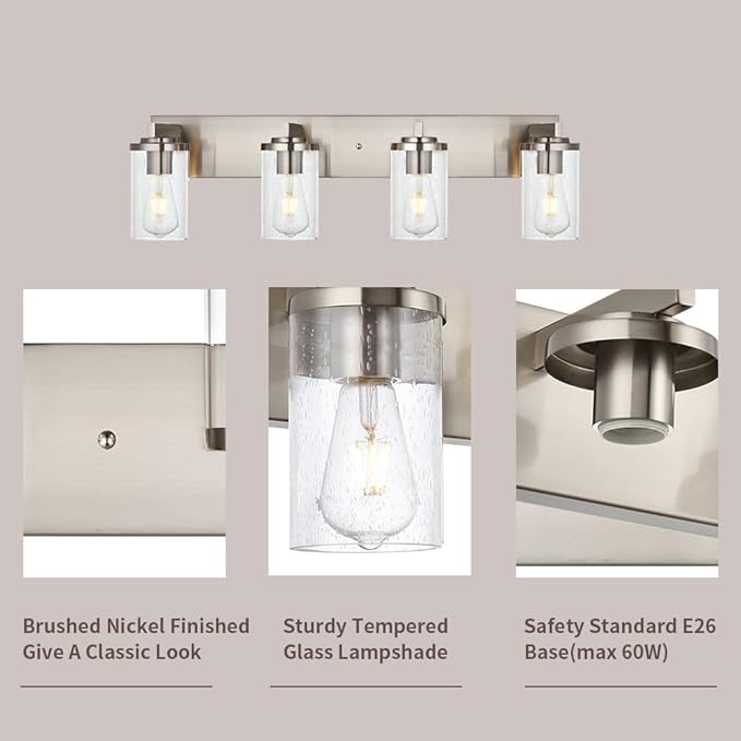 BONLICHT 4-Light Bathroom Light Fixtures Brushed Nickel Wall Sconce Lighting Modern Vanity Lights with Seeded Glass, Industrial Bathroom Farmhouse Wall Lamp for Mirror Kitchen Bedroom Living Room