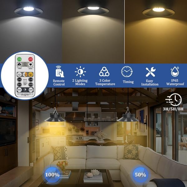 2 Pack Solar Shed Light Outdoor Indoor, Solar Powered Pendant Light with Remote 3000K/4000K/6000K, IP65 Waterproof for Garden, Patio, Balcony, Barn, Shed, Chicken Coop, Gazebo