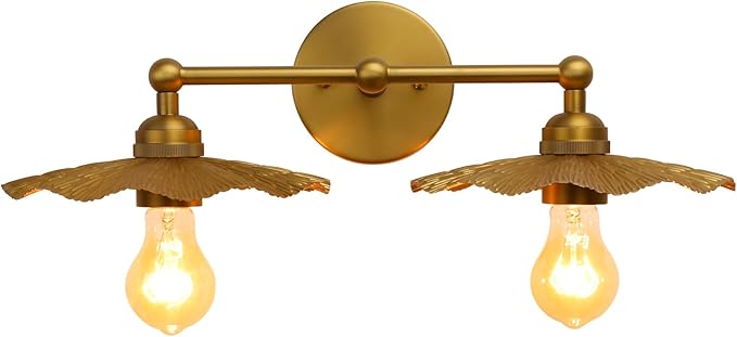 Phansthy Hardwired Wall Lighting, Barn Wall Sconces Antique Brass Indoor Wall Lights with Hammered Metal Lotus Leaf Texture Shade, Vanity Wall Lamp for Bathroom Bedroom Kitchen (Two-Light 1 Pack)