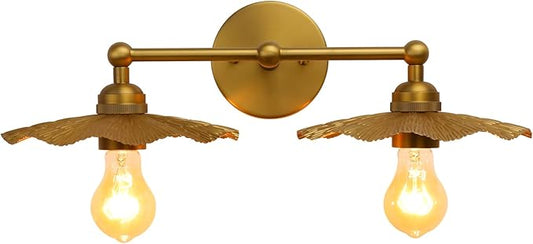Phansthy Hardwired Wall Lighting, Barn Wall Sconces Antique Brass Indoor Wall Lights with Hammered Metal Lotus Leaf Texture Shade, Vanity Wall Lamp for Bathroom Bedroom Kitchen (Two-Light 1 Pack)