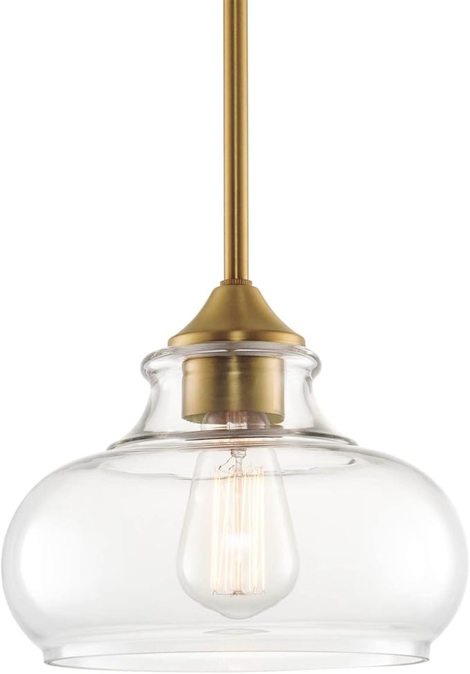 Kira Home Harlow 9" Modern Schoolhouse Pendant Light with Clear Glass Shade, Industrial Farmhouse Hanging Light with Schoolhouse Glass, Warm Brass Finish