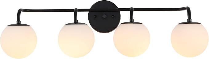 JONATHAN Y 31" Black Modern Globe Wall Sconce Vanity Light for Bathroom, White Frosted Glass Shade, Midcentury Parisian Bistro Wall Lamp, LED Bulb Included (JYL3558B)