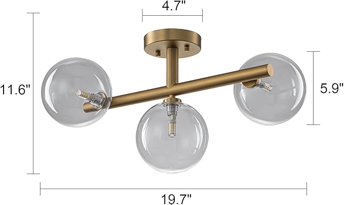 EDISLIVE 3-Light Semi Flush Mount Glass Ceiling Light Clear Globe, 19.7 in Mid Century Modern Sputnik Light Fixture with Clear Glass Shade Gold Finished