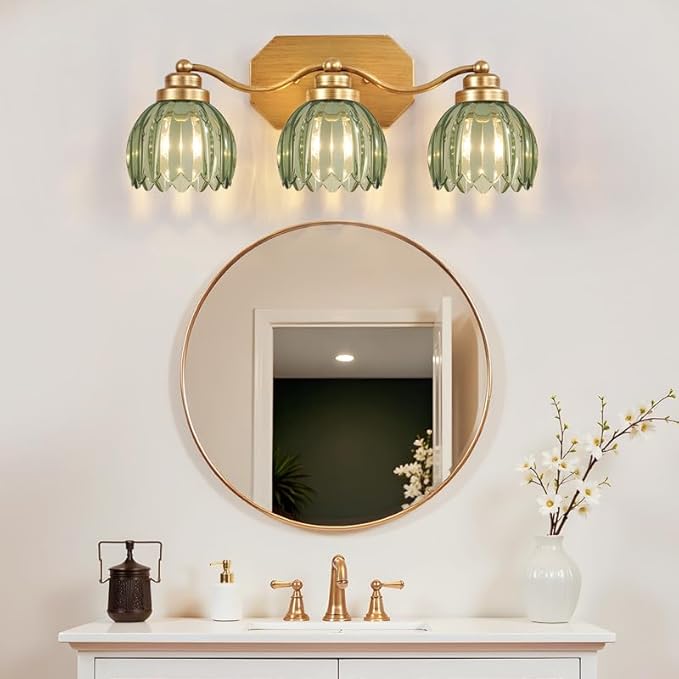 VbiTmn Gold Bathroom Light Fixtures, 3 Light Vintage Vanity Lights, Antique Brass Brushed Gold Finish, Crystal Green Glass Shade, Mid Century Wall Sconces for Bedroom, Living Room, Hallway