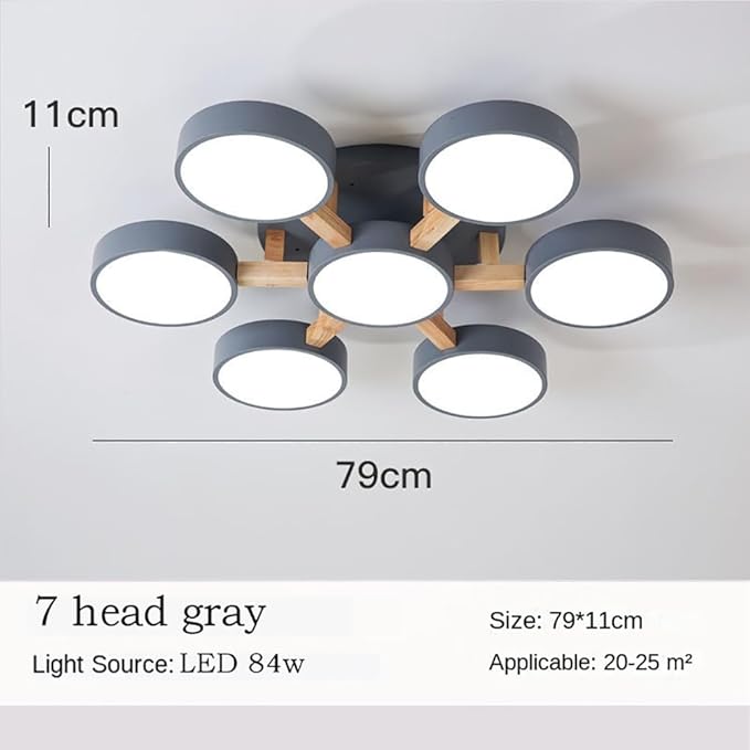 LED Ceiling Light Fixture,32 Inch 7-Lights Modern Ceiling Lights Flush Mount Wooden 84W Chandelier for Living Room Bedroom Kitchen,Dimmable 3000K/4000K/6000K Temperatures Selectable, Grey
