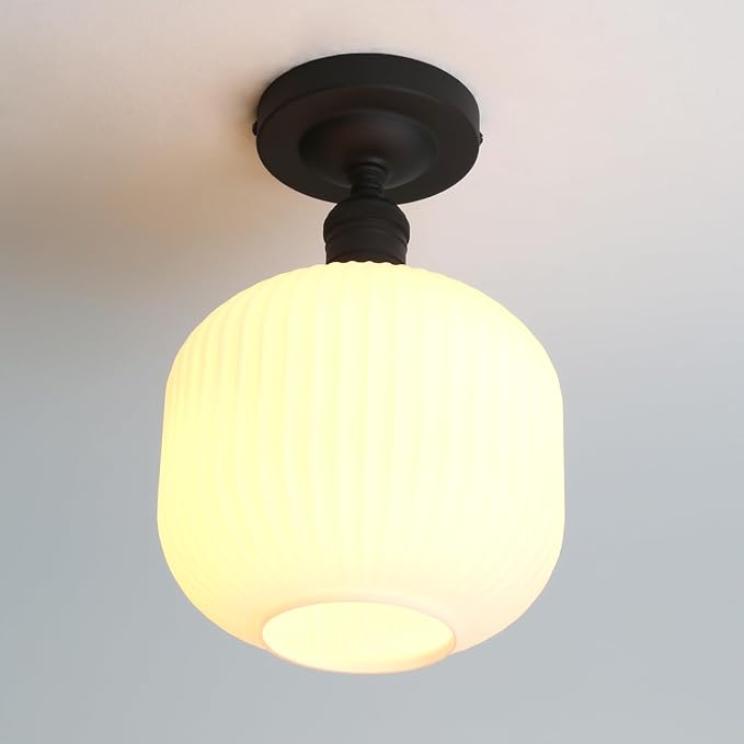 Pathson Vintage Flush Mounted Ceiling Light with Milk White Glass, Modern Ceiling Lamp Fixture for Farmhouse Hallway Foyer Loft Living Room Bedroom Matte Black Finished