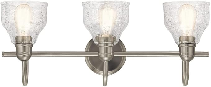 Kichler Avery 3-Light Bathroom Vanity Light Fixture with Clear Seeded Glass, Industrial Farmhouse Style in Natural Brass for Damp Locations (24" x 9.25"), 45973NBR
