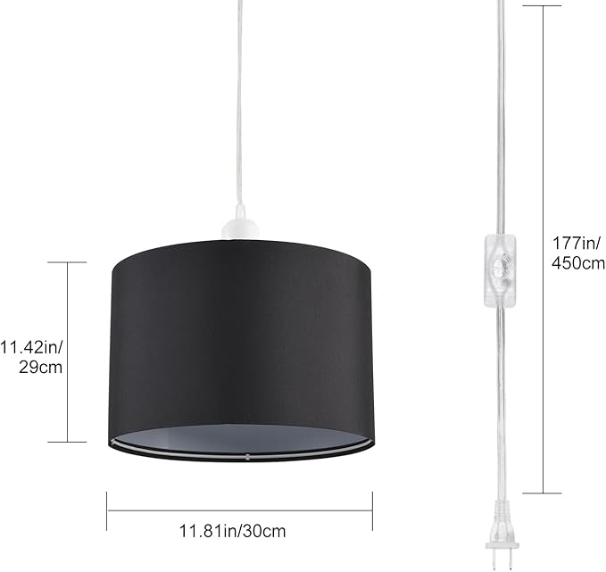 2 Pack Plug in Pendant Light, Hanging Light with 15Ft Clear Cord, On/Off Switch, Black Fabric Lamp Shade, Hanging Light Fixture for Bedroom, Kitchen, Living Room, Dining Table