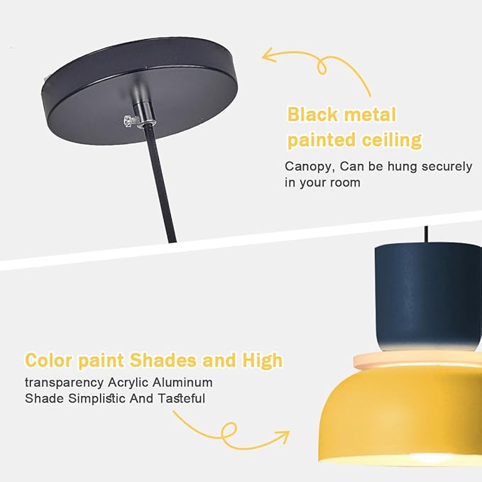 2-Lights Mid Century Pendant Light Kitchen Island Nordic Hanging Lights Yellow Colorful Drum Shade Unique Aluminum Dome Lampshade Adjustable Pendant Light Schoolhouse Light Fixture