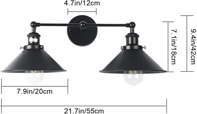 2 Lights Bathroom Vanity Light Fixture, Industrial Pipe Vintage Matte Black Metal Shade Farmhouse Wall Sconces Lighting