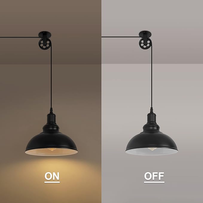 Industrial Black Plug in Pulley Pendant Light with 19.5ft Cord On/Off Switch, Modern Barn Domed Hanging Lamp Ceiling Light for Kitchen Island Dinning Living Room Bedroom Foyer (2 Pack)